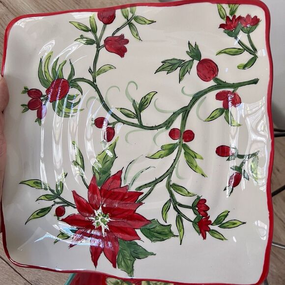 Red Poinsettia Floral Platters/Trays/Plates 8.75" Square Christmas & Stands - Picture 5 of 5